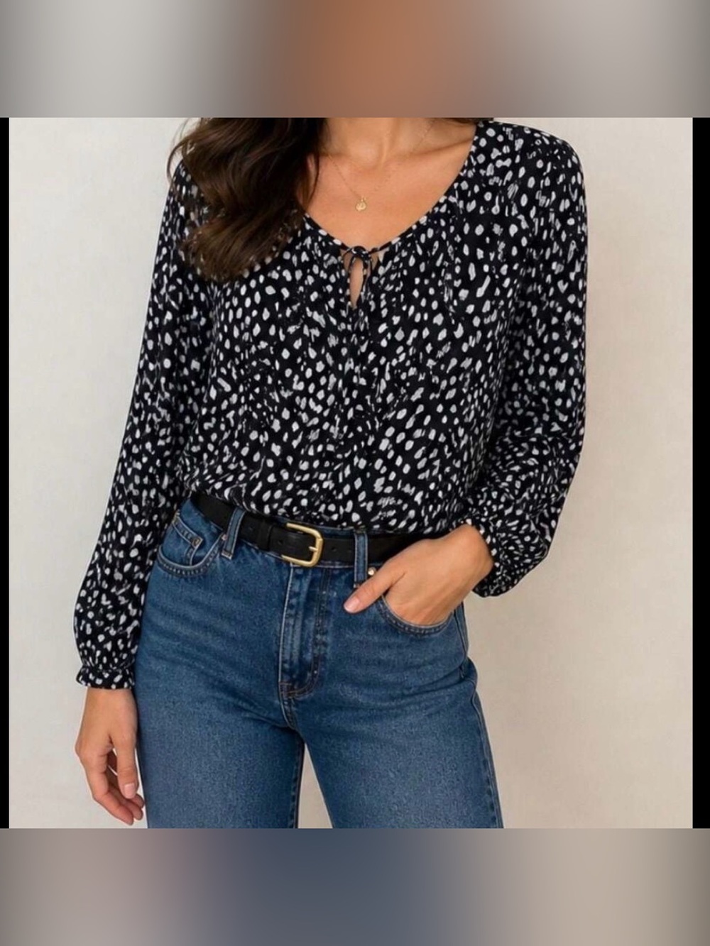 Michael Kors Black & White Abstract Dot Tie-Neck Blouse Size L